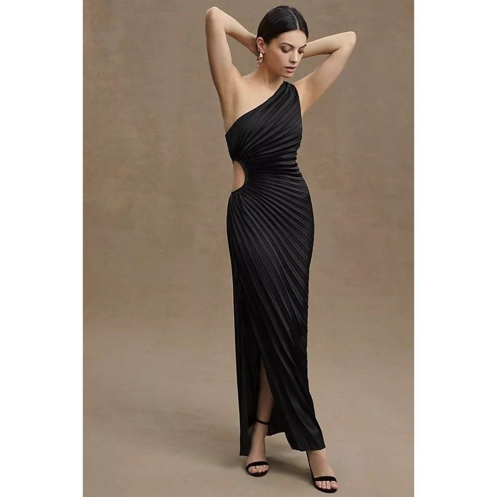 NWT Delfi Collective Solie Pleated One-Shoulder Cutout Sheath Gown Black Maxi